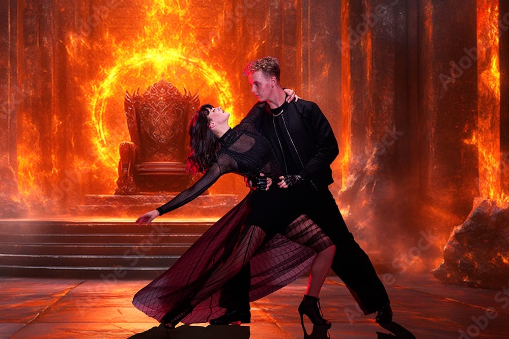 A male and female performer pose dressed as Hades and Persephone in front of an image of the Underworld